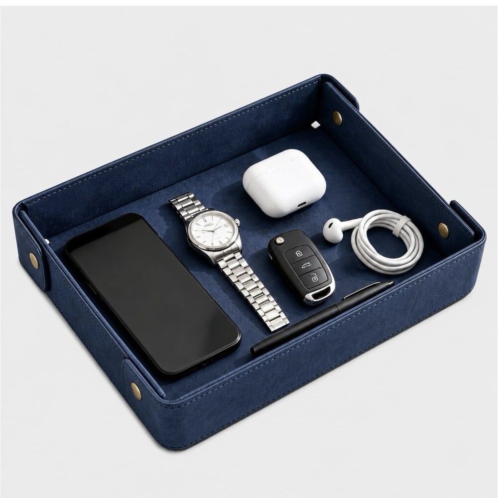 Blue Leather Valet Tray Catchall Organizer Keys Wallet Jewelry Nightstand Decor